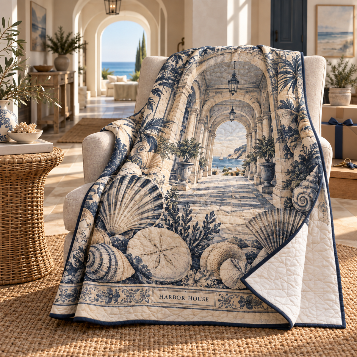 Seashell Study Housewarming Quilt Blanket with original flat printed seashell gallery and sample household name in a layered coastal home