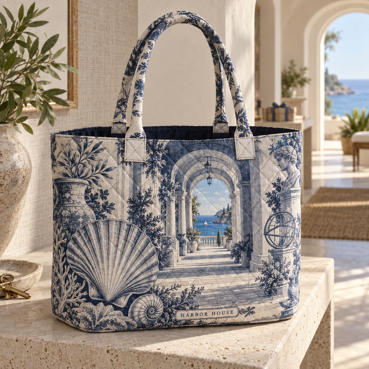 Seashell Study Housewarming Quilted Tote Bag with original flat printed seashell gallery and sample household name in a layered coastal home