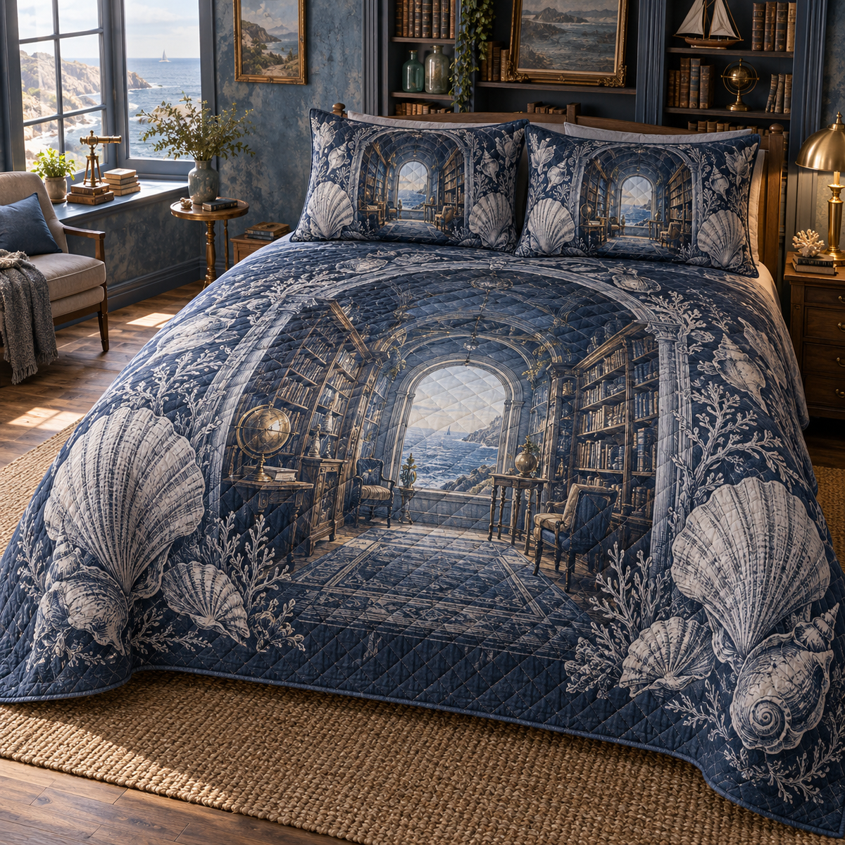Seashell Study Quiet Corner Quilted Bedding Set with original flat printed seashell alcove artwork in a layered coastal reading corner