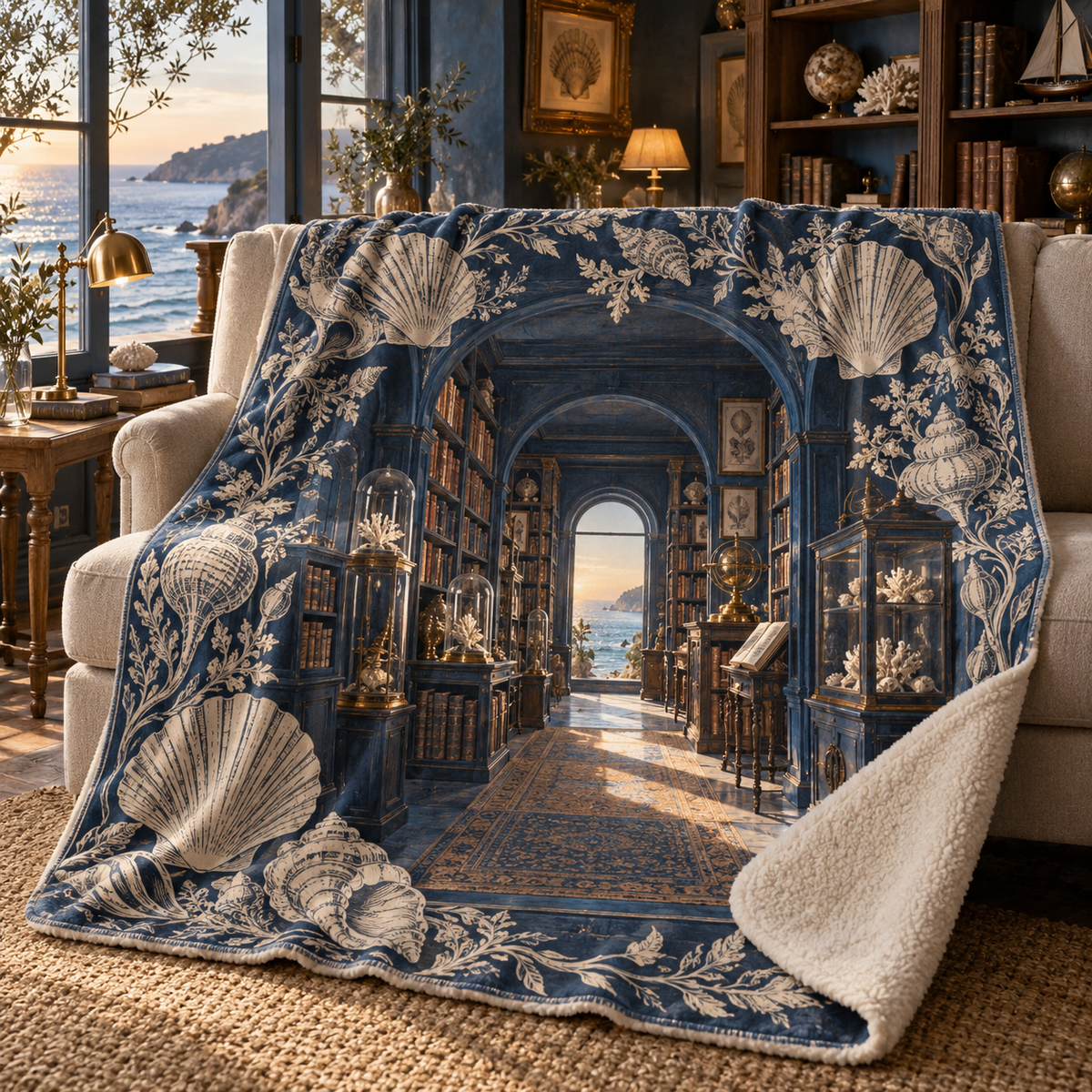 Seashell Study Quiet Corner Sherpa & Fleece Blanket with original flat printed seashell alcove artwork in a layered coastal reading corner
