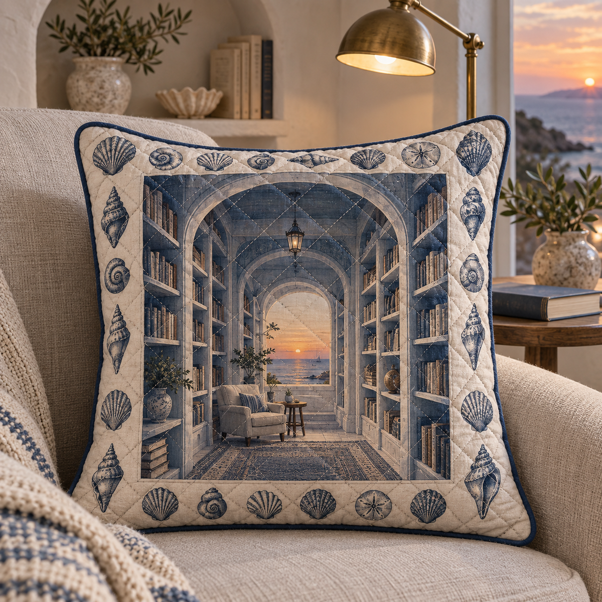Seashell Study Quiet Corner Quilted Cushion Cover with original flat printed seashell alcove artwork in a layered coastal reading corner