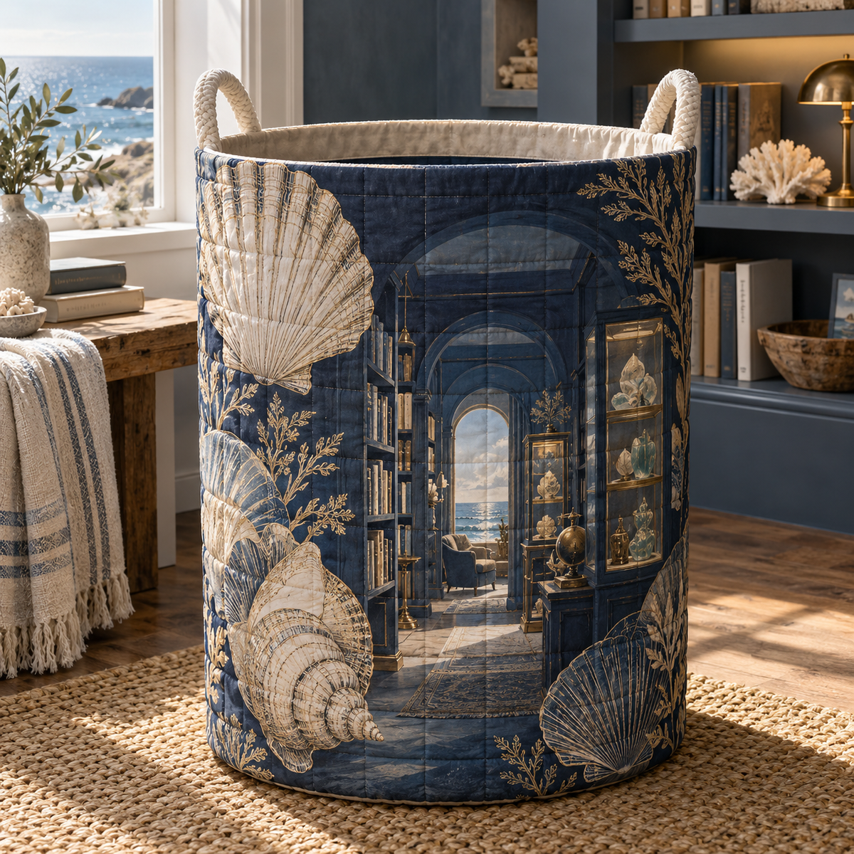 Seashell Study Quiet Corner Laundry Hamper with original flat printed seashell alcove artwork in a layered coastal reading corner