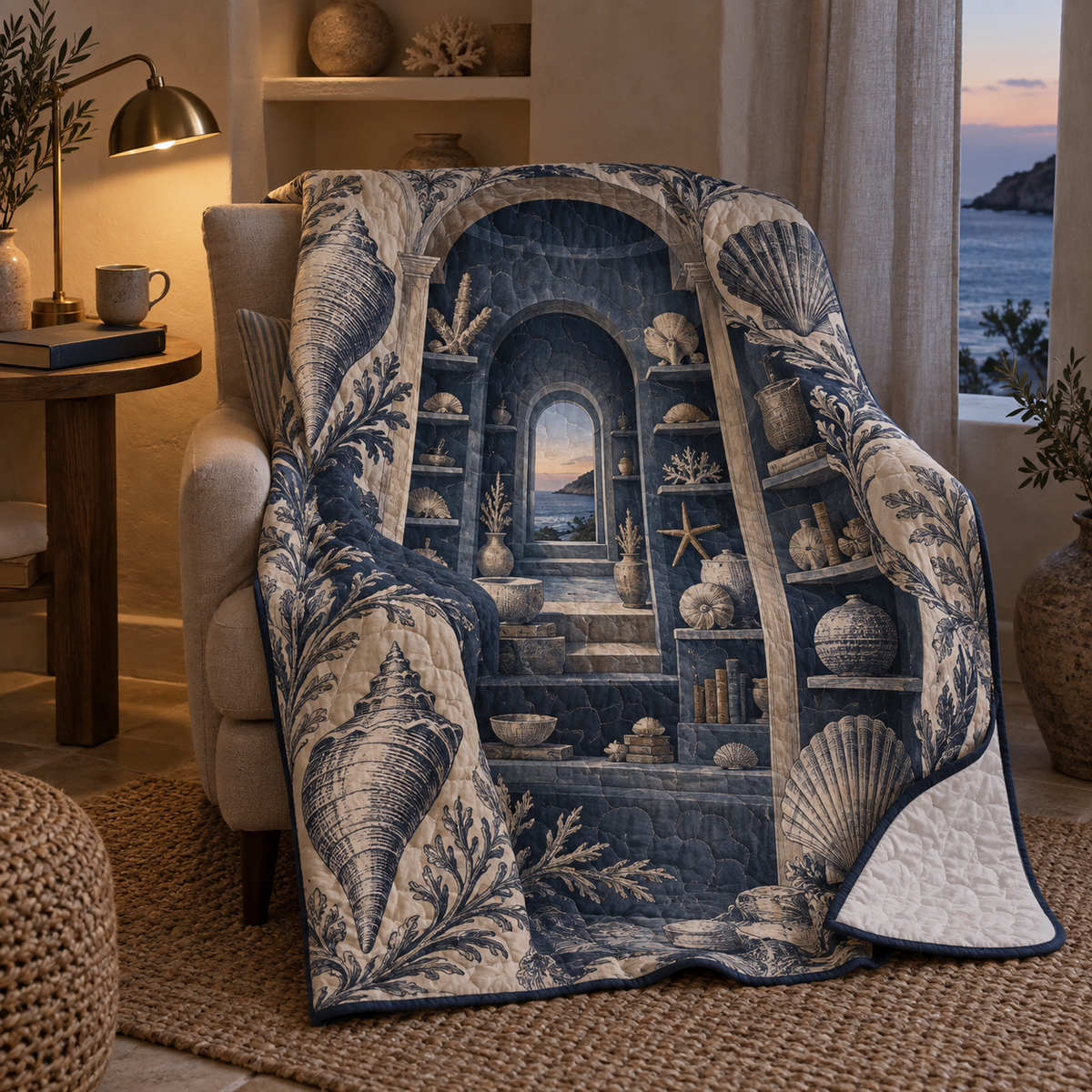 Seashell Study Quiet Corner Quilt Blanket with original flat printed seashell alcove artwork in a layered coastal reading corner