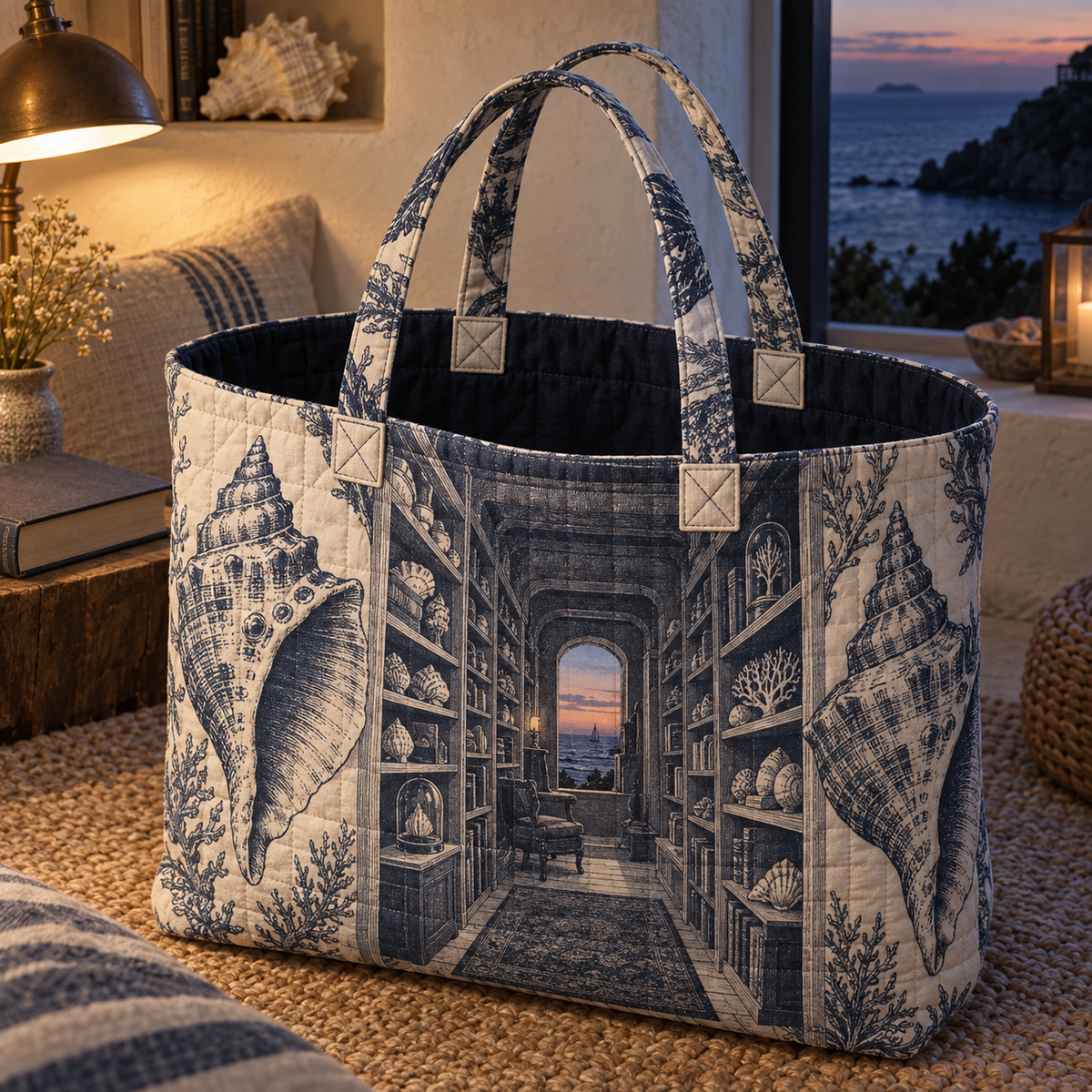 Seashell Study Quiet Corner Quilted Tote Bag with original flat printed seashell alcove artwork in a layered coastal reading corner