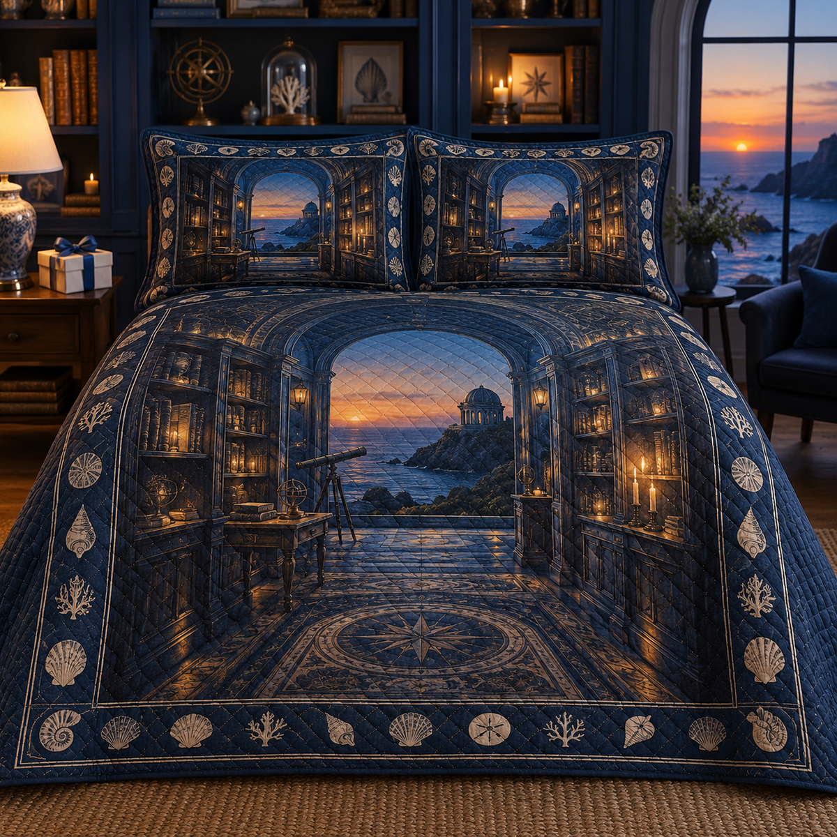 Seashell Study Collector Birthday Quilted Bedding Set with original flat printed seashell collector cabinet artwork in a layered birthday reading room