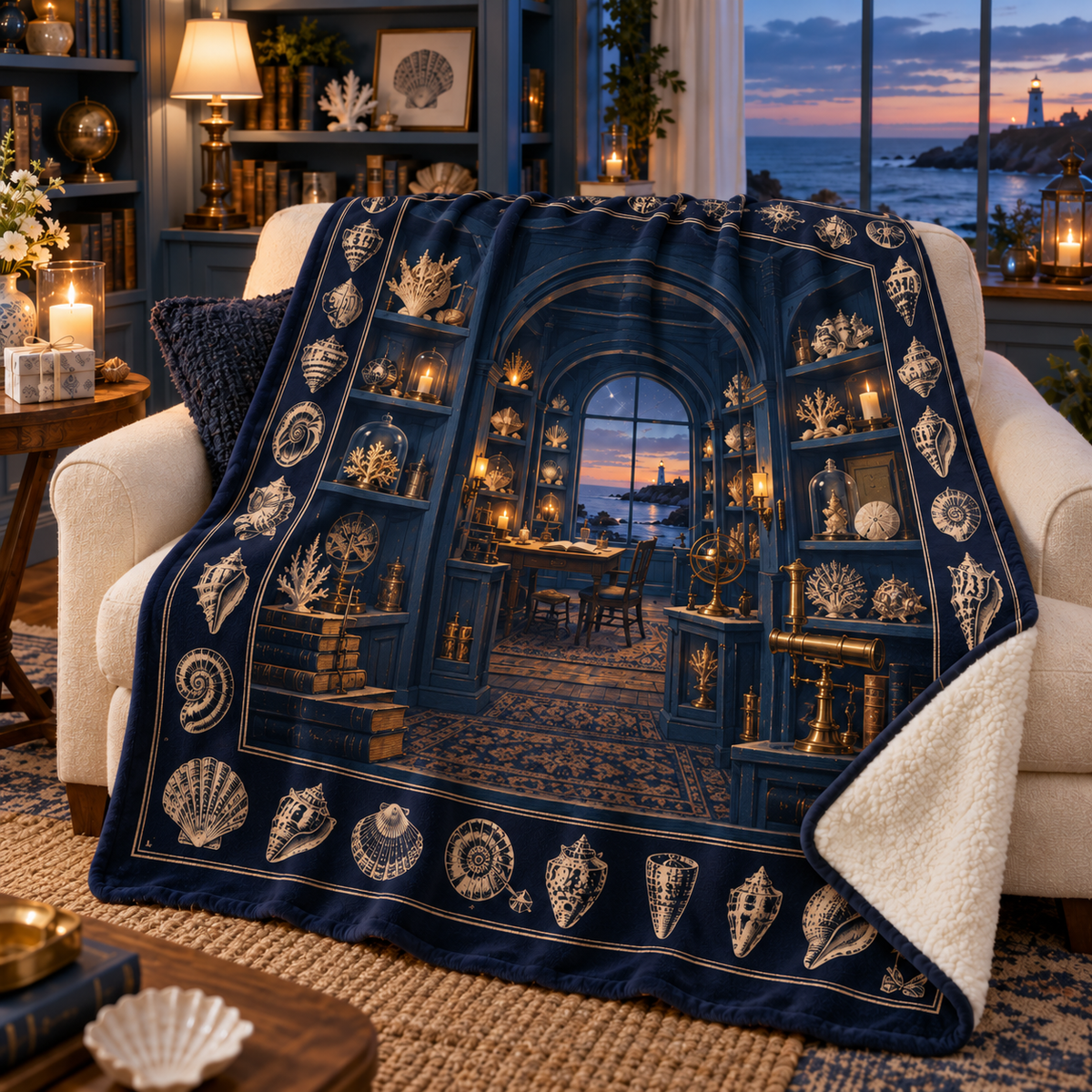 Seashell Study Collector Birthday Sherpa & Fleece Blanket with original flat printed seashell collector cabinet artwork in a layered birthday reading room