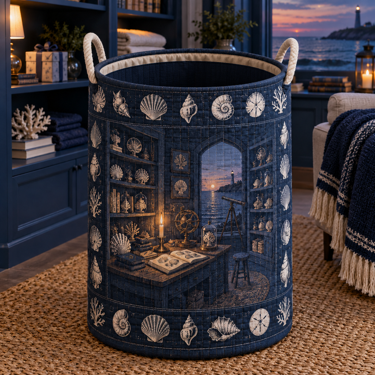 Seashell Study Collector Birthday Laundry Hamper with original flat printed seashell collector cabinet artwork in a layered birthday reading room