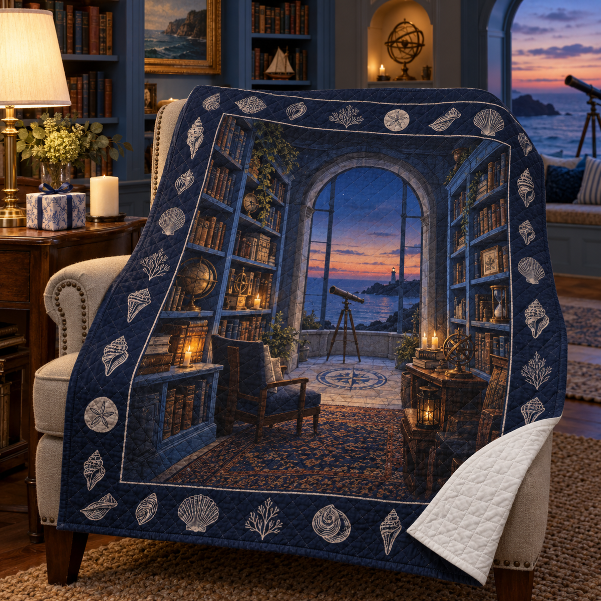 Seashell Study Collector Birthday Quilt Blanket with original flat printed seashell collector cabinet artwork in a layered birthday reading room