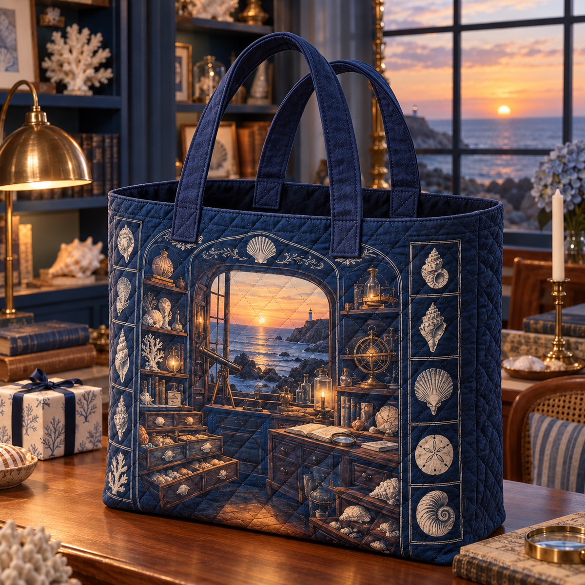 Seashell Study Collector Birthday Quilted Tote Bag with original flat printed seashell collector cabinet artwork in a layered birthday reading room