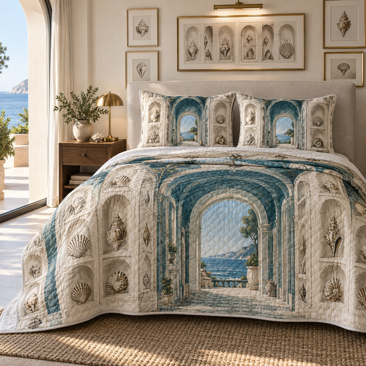 Seashell Study Apartment Gallery Quilted Bedding Set with original flat printed shell etching gallery artwork in a layered apartment
