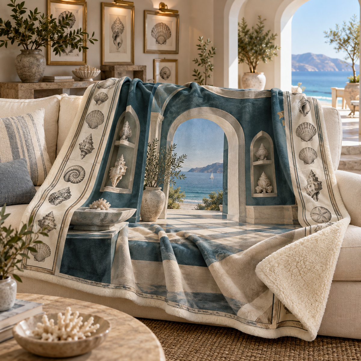Seashell Study Apartment Gallery Sherpa & Fleece Blanket with original flat printed shell etching gallery artwork in a layered apartment