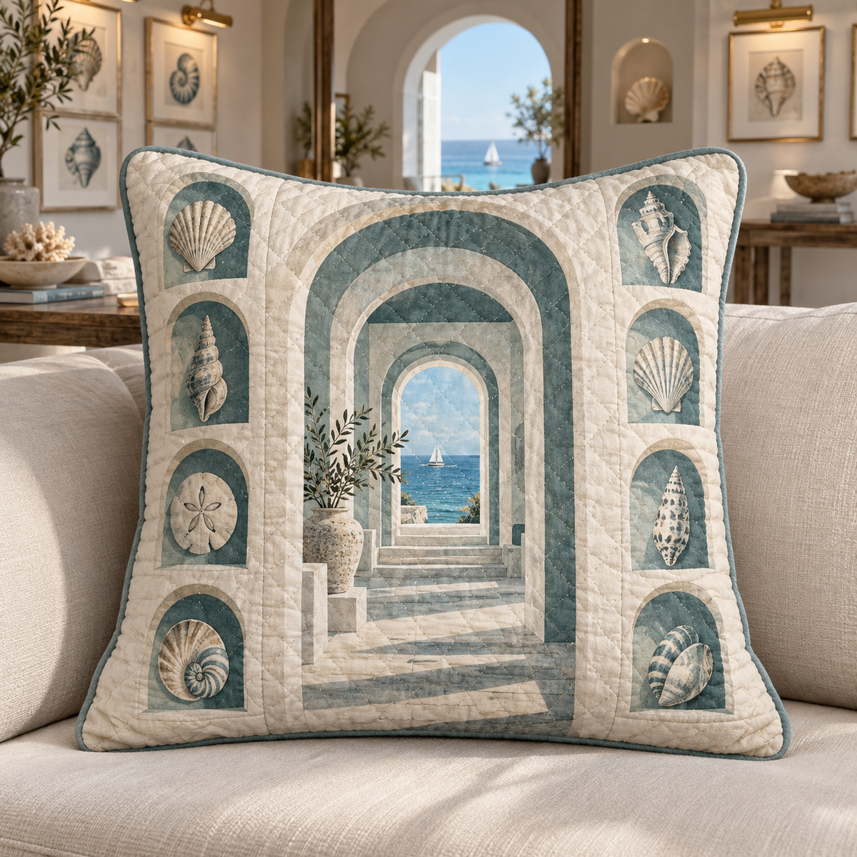 Seashell Study Apartment Gallery Quilted Cushion Cover with original flat printed shell etching gallery artwork in a layered apartment