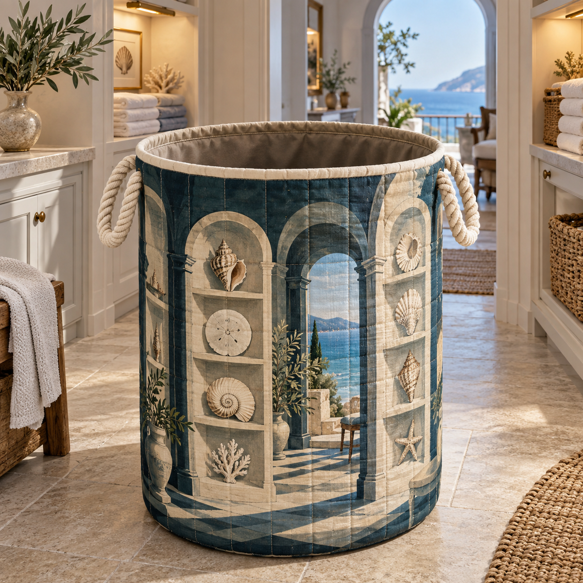 Seashell Study Apartment Gallery Laundry Hamper with original flat printed shell etching gallery artwork in a layered apartment