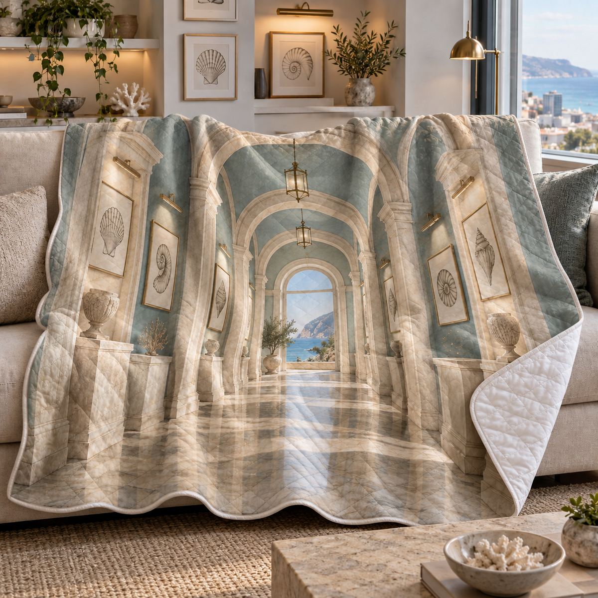 Seashell Study Apartment Gallery Quilt Blanket with original flat printed shell etching gallery artwork in a layered apartment