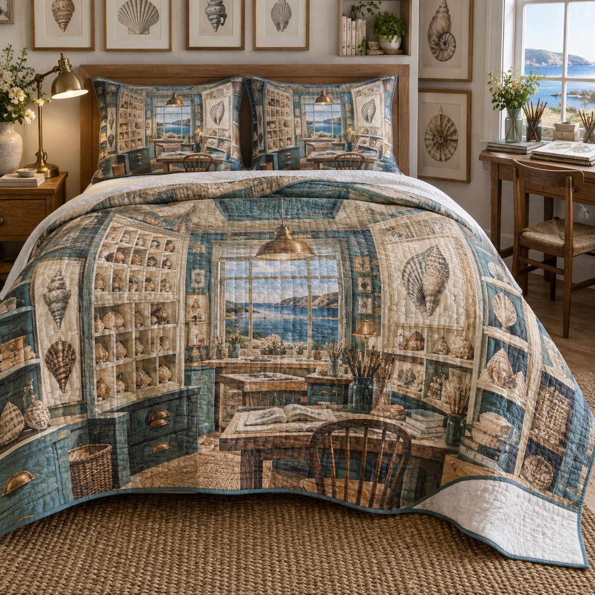 Seashell Study Hobby Studio Quilted Bedding Set with flat printed shell-study studio artwork in a layered coastal workspace