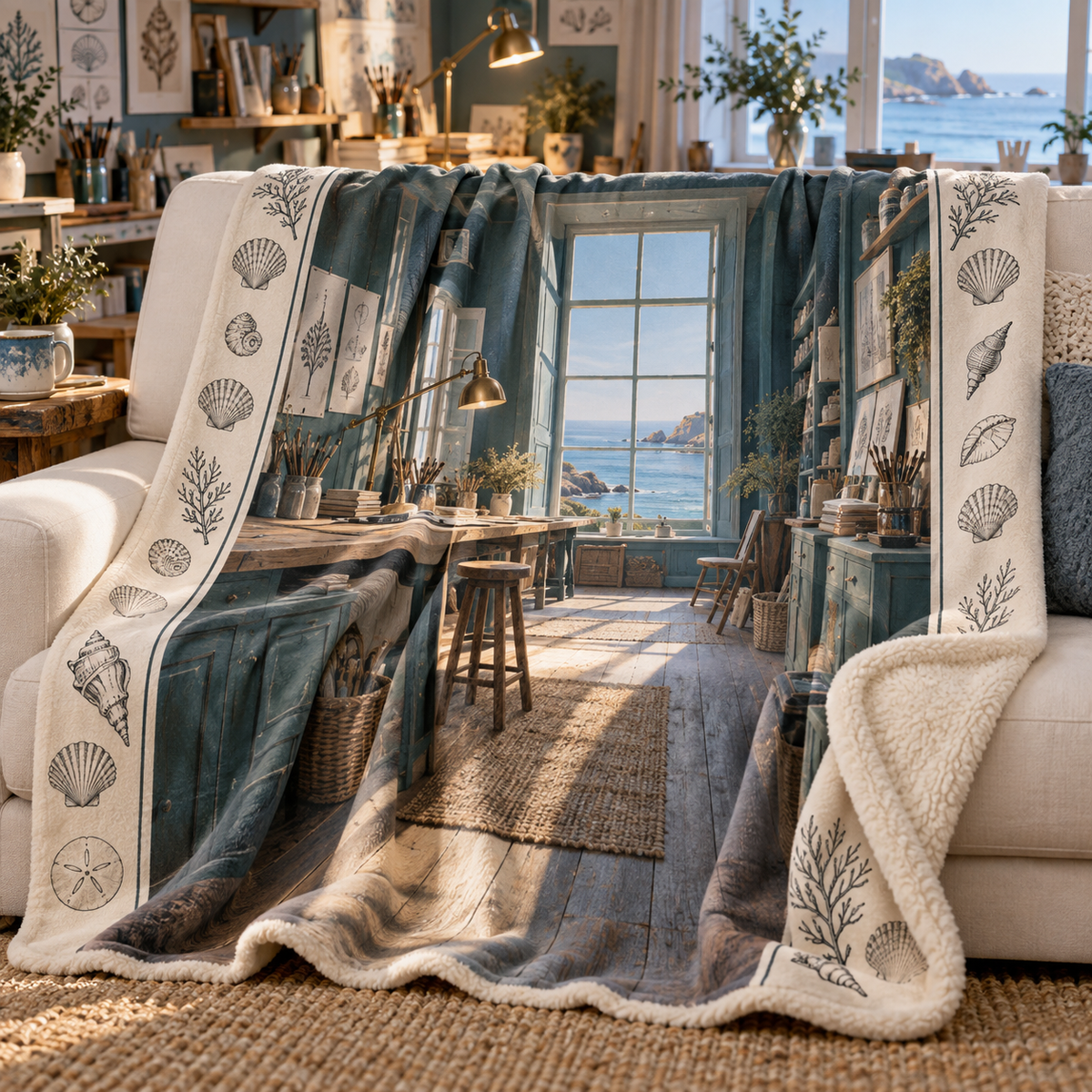 Seashell Study Hobby Studio Sherpa & Fleece Blanket with flat printed shell-study studio artwork in a layered coastal workspace