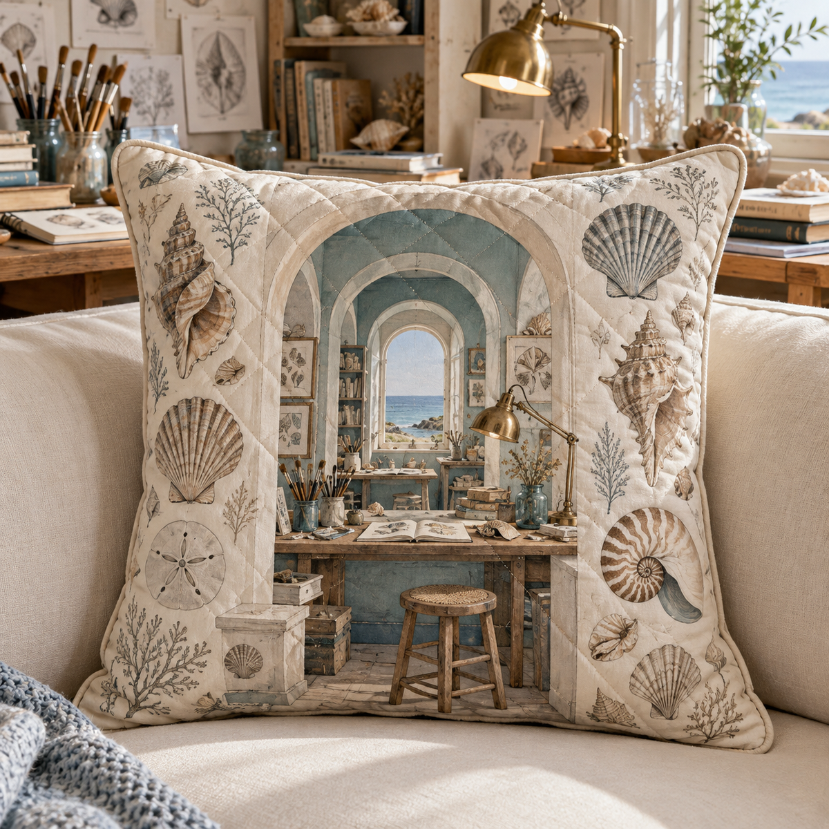 Seashell Study Hobby Studio Quilted Cushion Cover with flat printed shell-study studio artwork in a layered coastal workspace