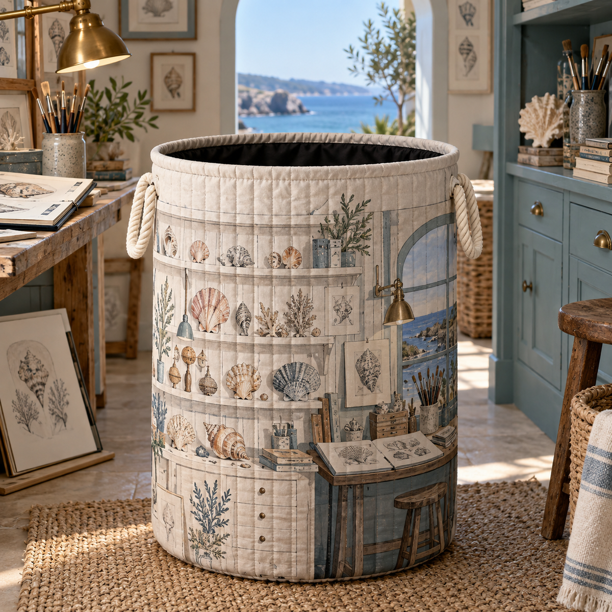 Seashell Study Hobby Studio Laundry Hamper with flat printed shell-study studio artwork in a layered coastal workspace