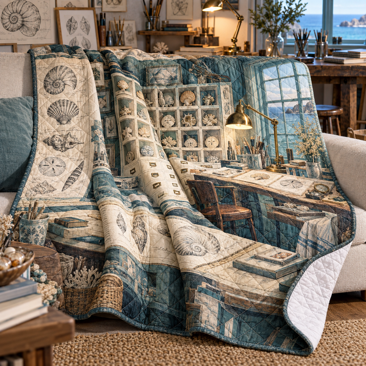 Seashell Study Hobby Studio Quilt Blanket with flat printed shell-study studio artwork in a layered coastal workspace