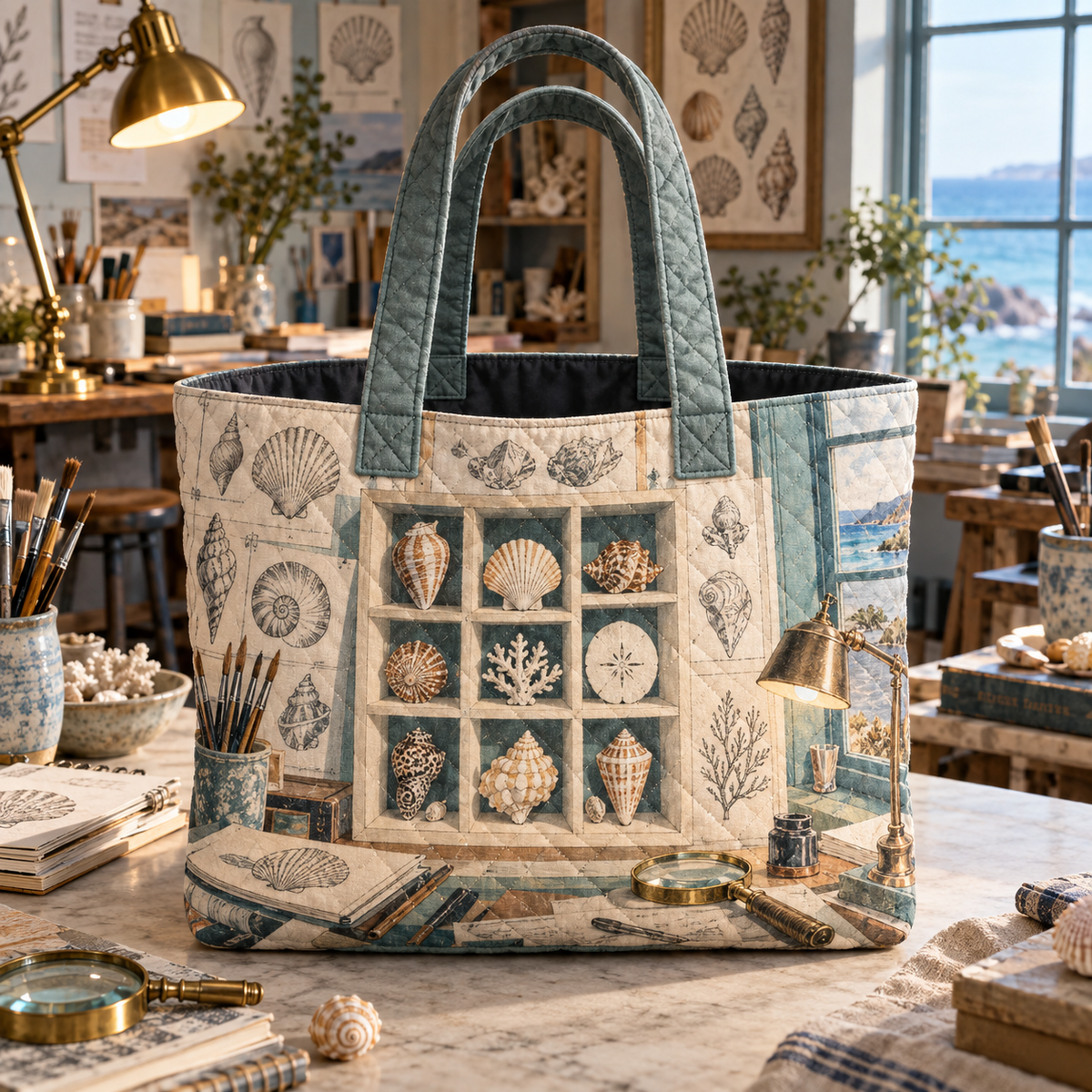 Seashell Study Hobby Studio Quilted Tote Bag with flat printed shell-study studio artwork in a layered coastal workspace