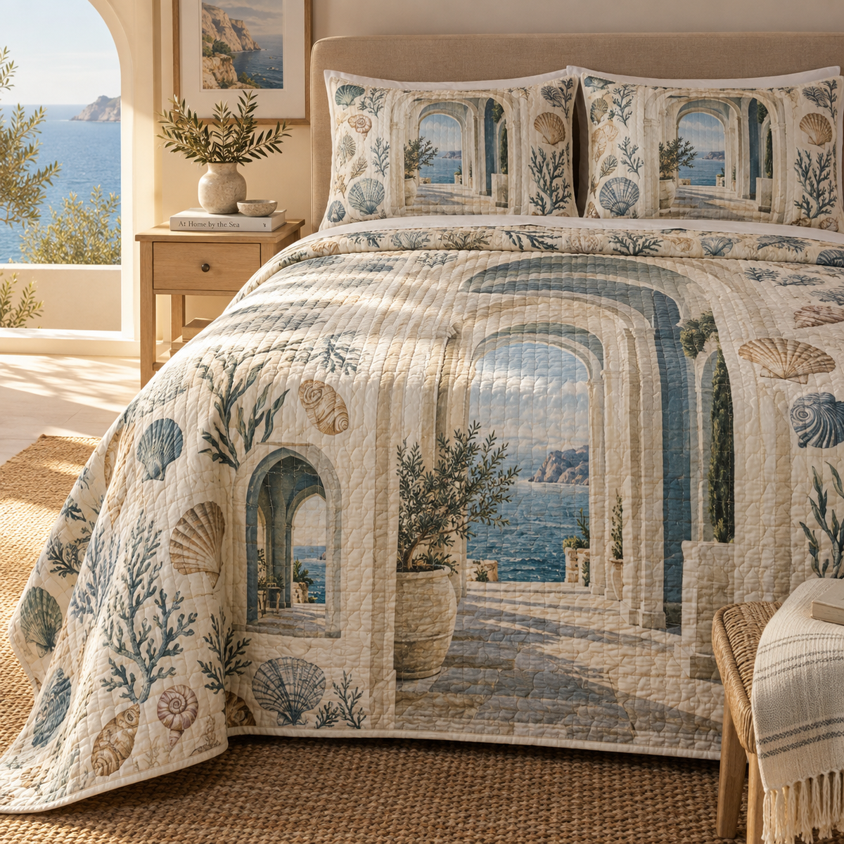 Seashell Study Host Thank You Quilted Bedding Set with flat printed coastal shell-study art in a layered welcoming room