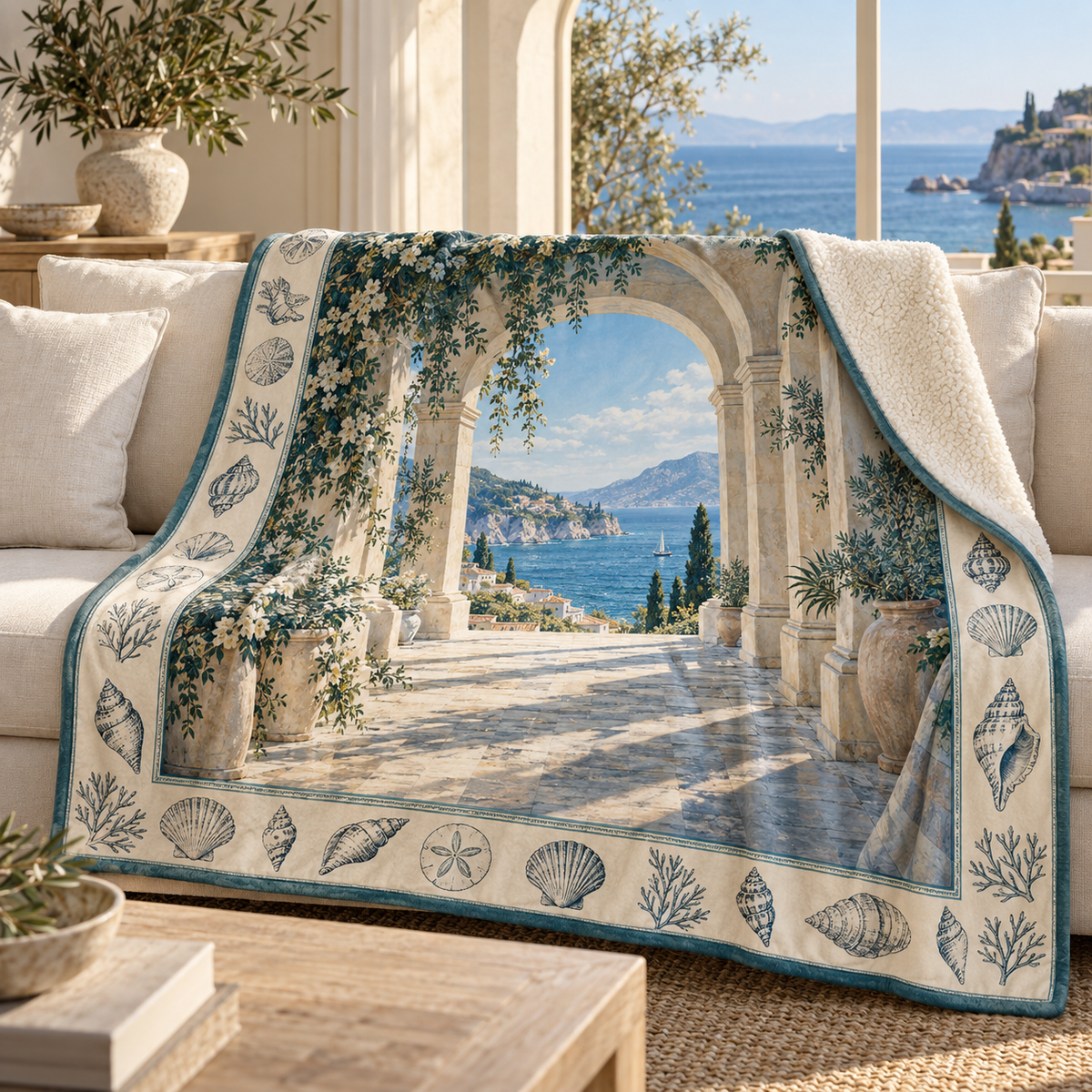 Seashell Study Host Thank You Sherpa & Fleece Blanket with flat printed coastal shell-study art in a layered welcoming room