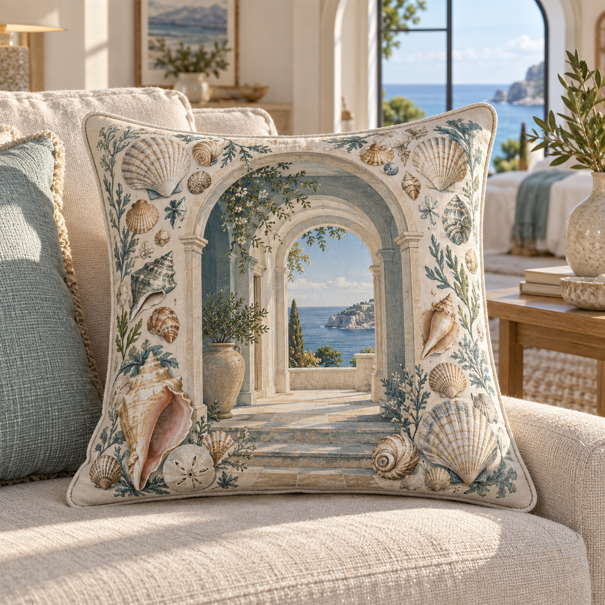 Seashell Study Host Thank You Quilted Cushion Cover with flat printed coastal shell-study art in a layered welcoming room