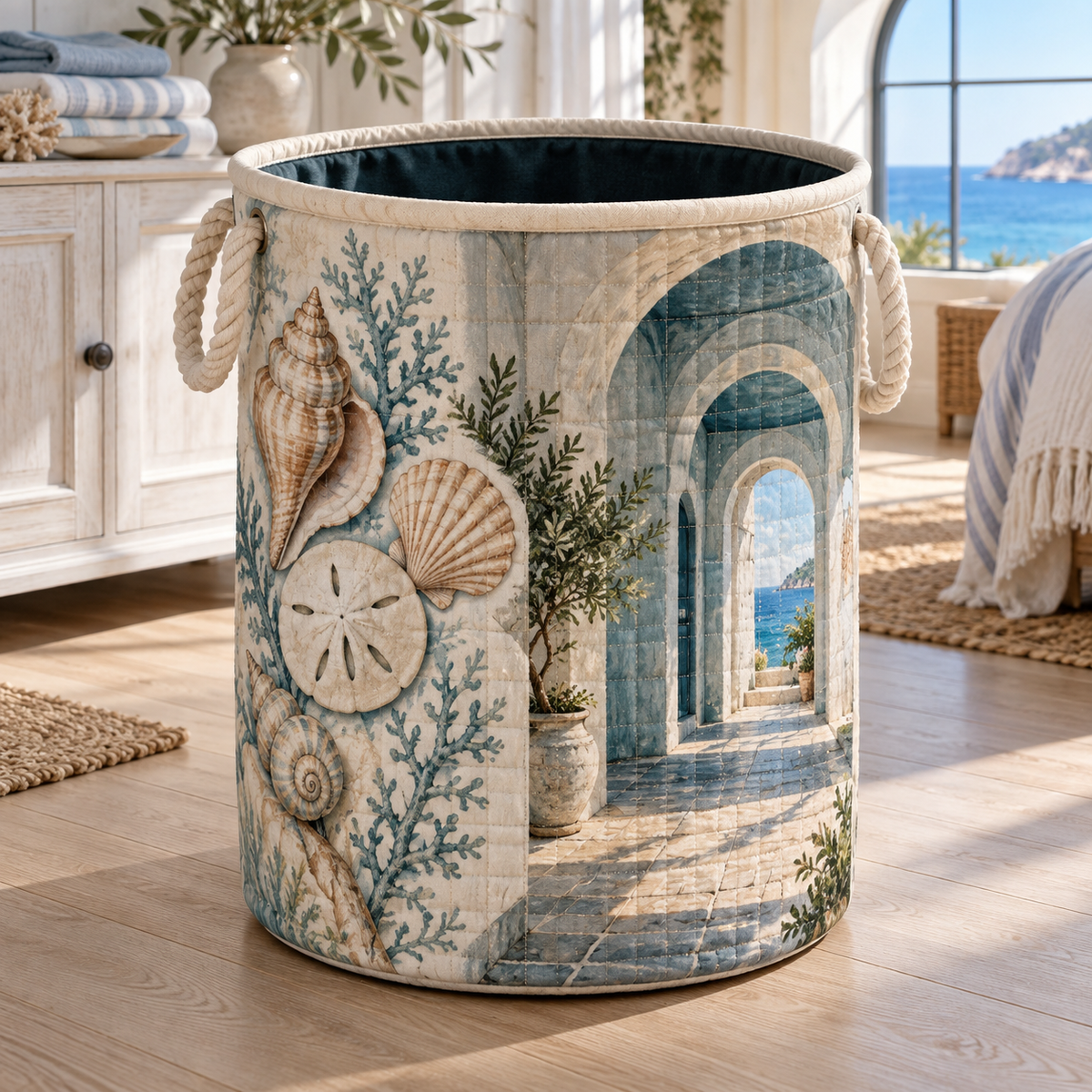Seashell Study Host Thank You Laundry Hamper with flat printed coastal shell-study art in a layered welcoming room