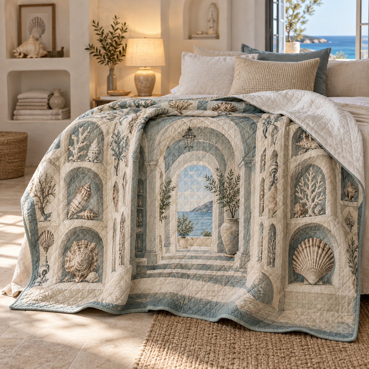 Seashell Study Host Thank You Quilt Blanket with flat printed coastal shell-study art in a layered welcoming room