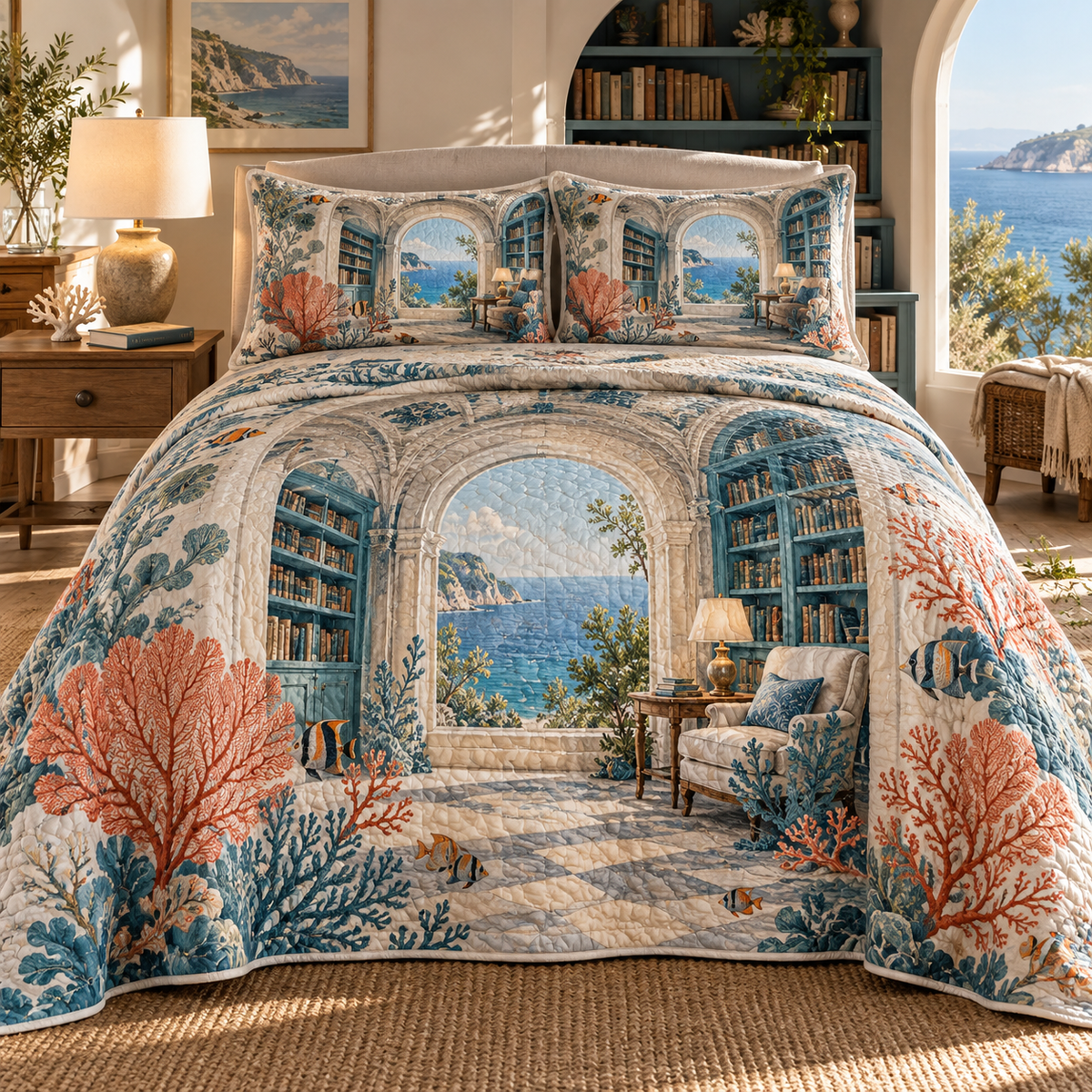Coral Reef Reading Nook Quilted Bedding Set with flat printed coastal coral-reef reading-nook art in a layered welcoming room