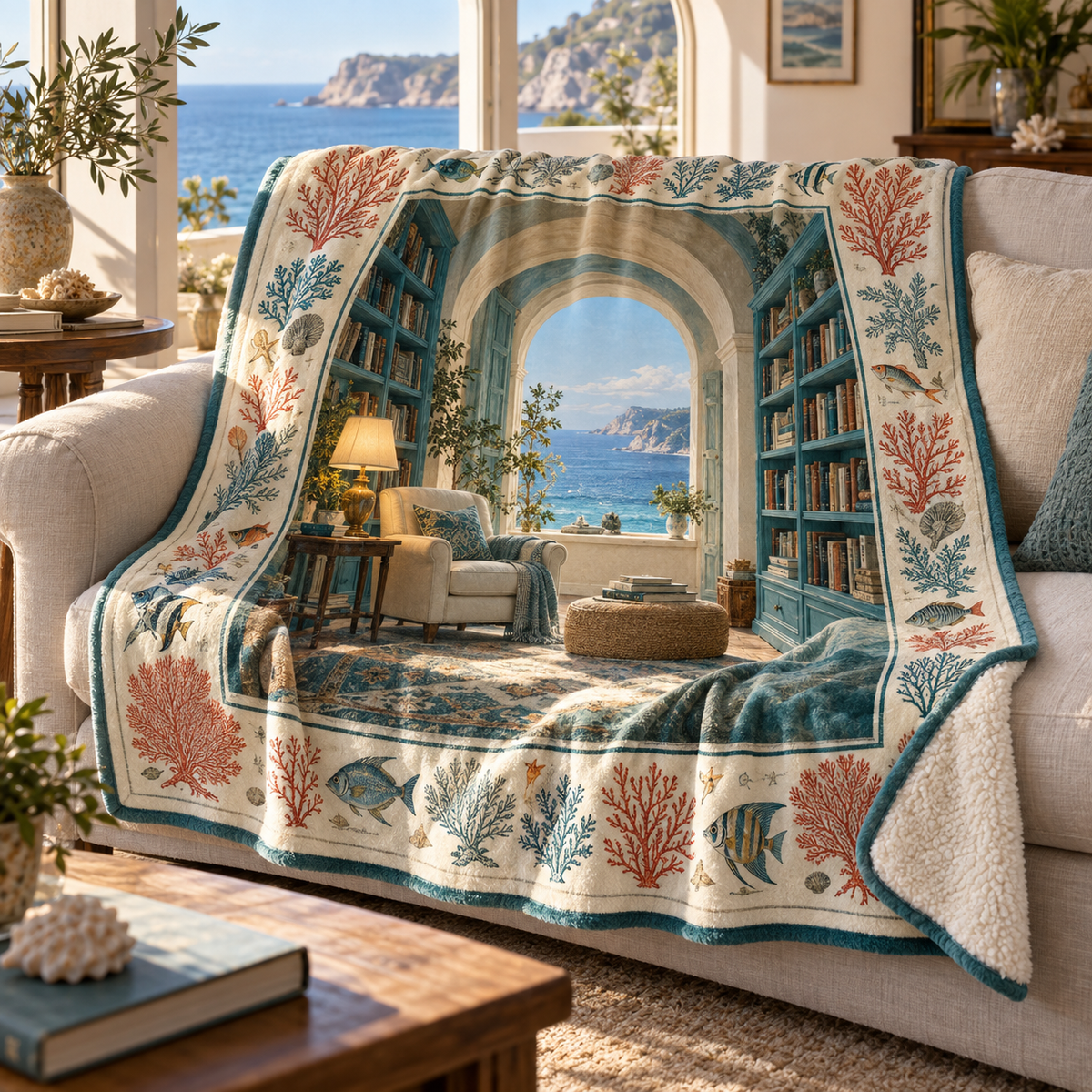Coral Reef Reading Nook Sherpa & Fleece Blanket with flat printed coastal library alcove and coral art in a layered reading room