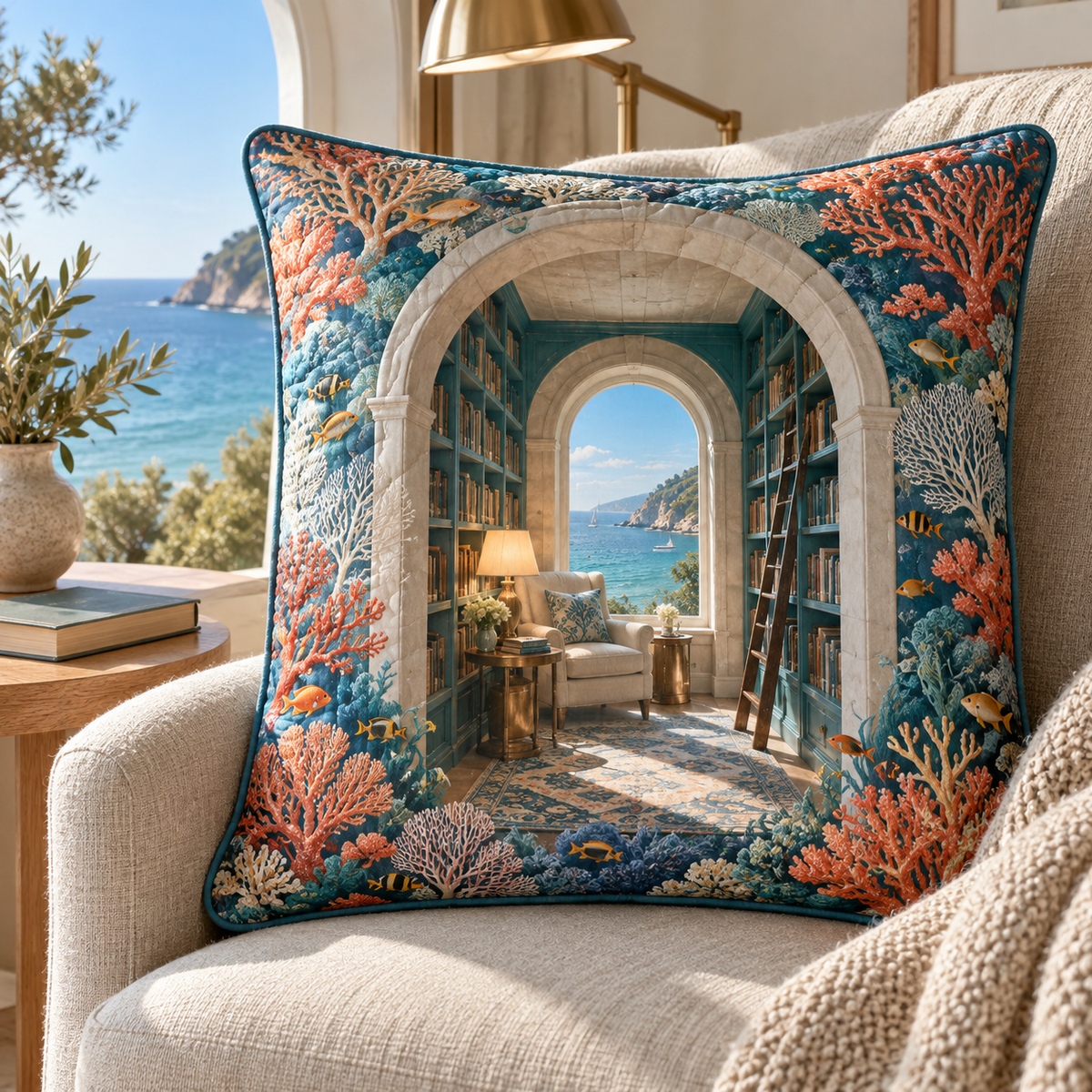 Coral Reef Reading Nook Quilted Cushion Cover with flat printed coastal coral-reef reading-nook art in a layered welcoming room
