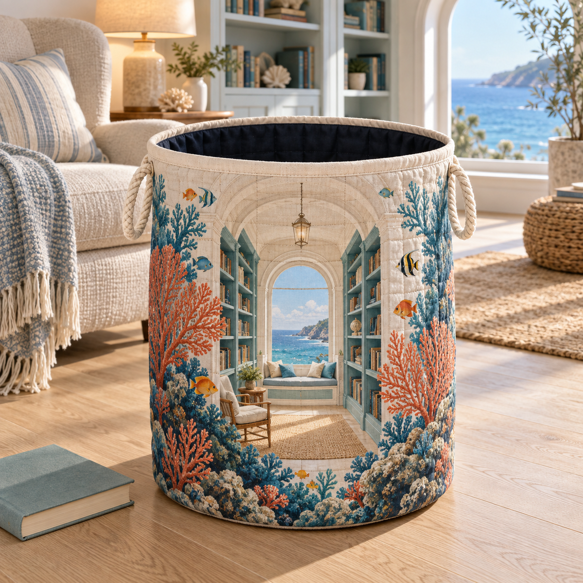 Coral Reef Reading Nook Laundry Hamper with flat printed coastal coral-reef reading-nook art in a layered welcoming room