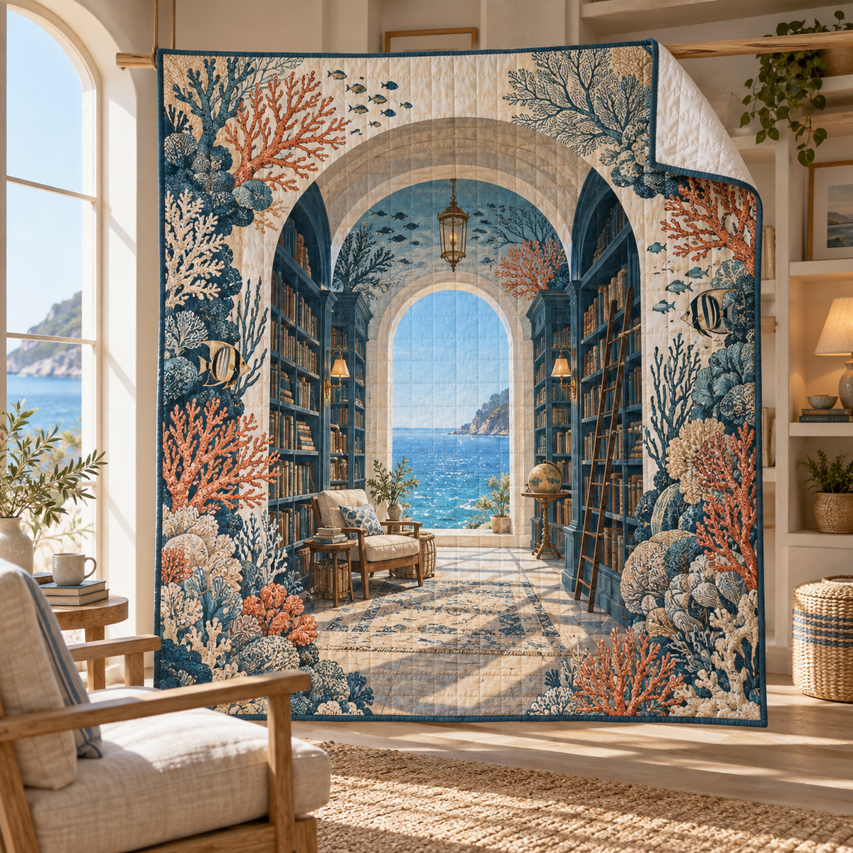 Coral Reef Reading Nook Quilt Blanket with flat printed coastal coral-reef reading-nook art in a layered welcoming room