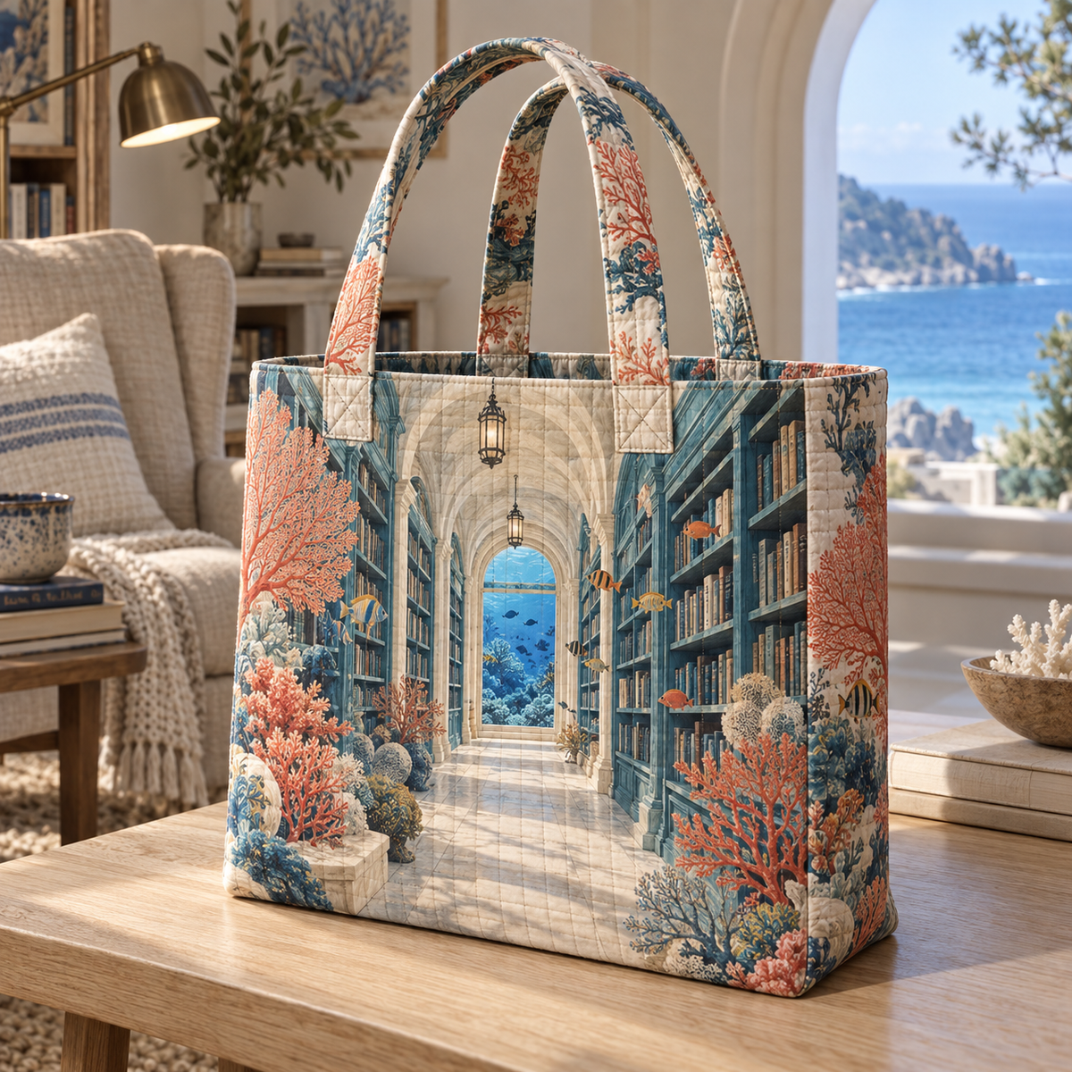 Coral Reef Reading Nook Quilted Tote Bag with flat printed coastal coral-reef reading-nook art in a layered welcoming room