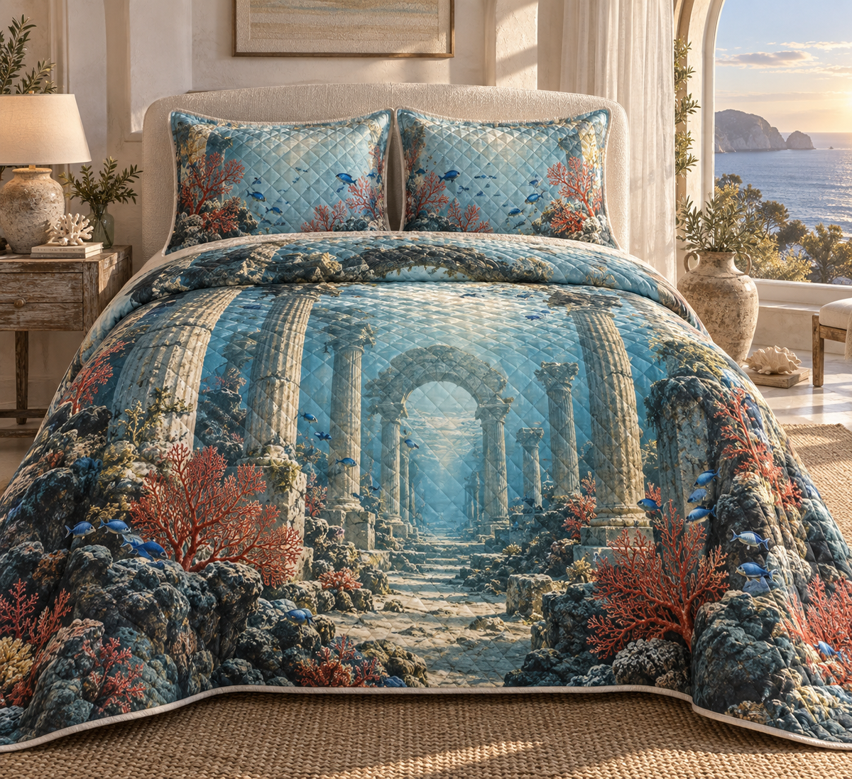 Coral Reef Bedroom Statement Quilted Bedding Set with flat printed coastal coral-reef bedroom-statement art in a layered welcoming room