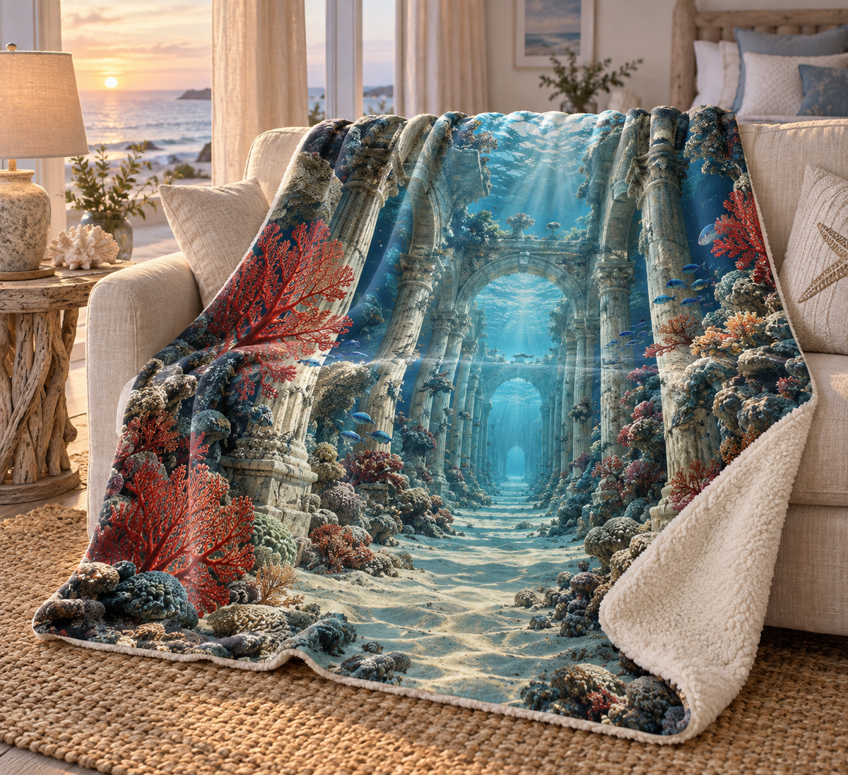 Coral Reef Bedroom Statement Sherpa & Fleece Blanket with flat printed coastal ocean colonnade and coral art in a layered coastal bedroom