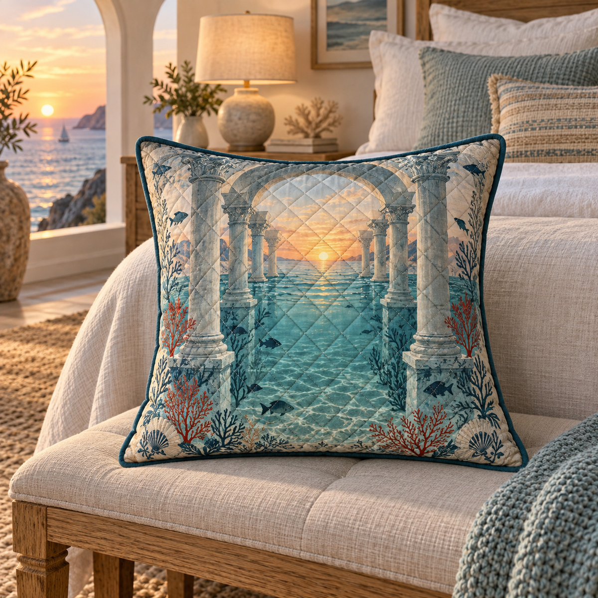 Coral Reef Bedroom Statement Quilted Cushion Cover with flat printed coastal coral-reef bedroom-statement art in a layered welcoming room