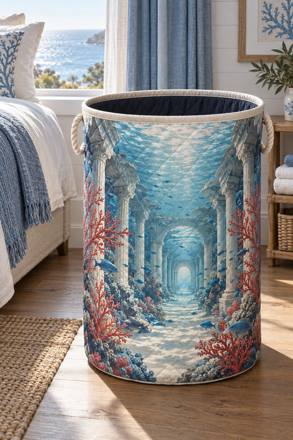 Coral Reef Bedroom Statement Laundry Hamper with flat printed coastal coral-reef bedroom-statement art in a layered welcoming room