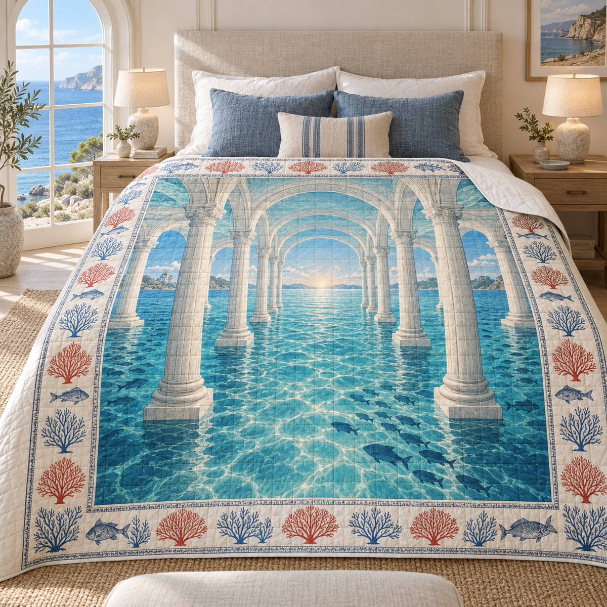Coral Reef Bedroom Statement Quilt Blanket with flat printed coastal coral-reef bedroom-statement art in a layered welcoming room