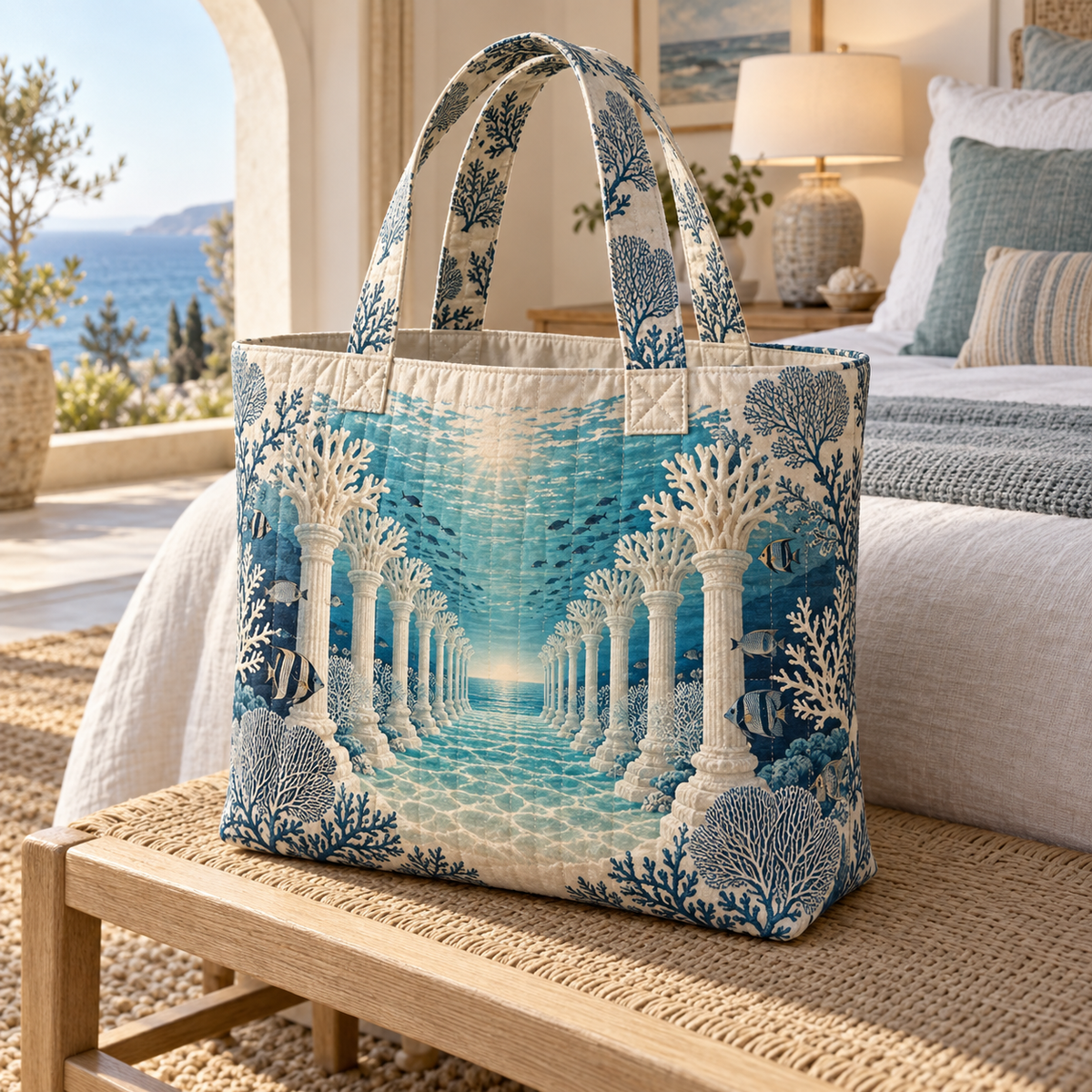 Coral Reef Bedroom Statement Quilted Tote Bag with flat printed coastal coral-reef bedroom-statement art in a layered welcoming room