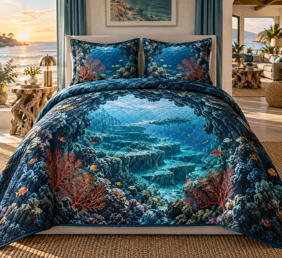 Coral Reef Lagoon Focal Point Quilted Bedding Set with flat printed coastal coral-reef living room-statement art in a layered welcoming room
