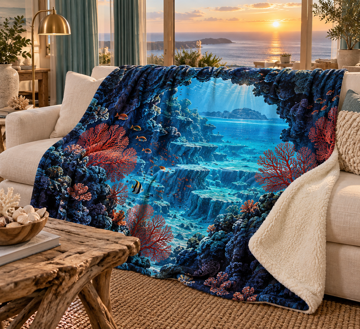 Coral Reef Lagoon Focal Point Sherpa & Fleece Blanket with flat printed coastal ocean colonnade and coral art in a layered coastal living room