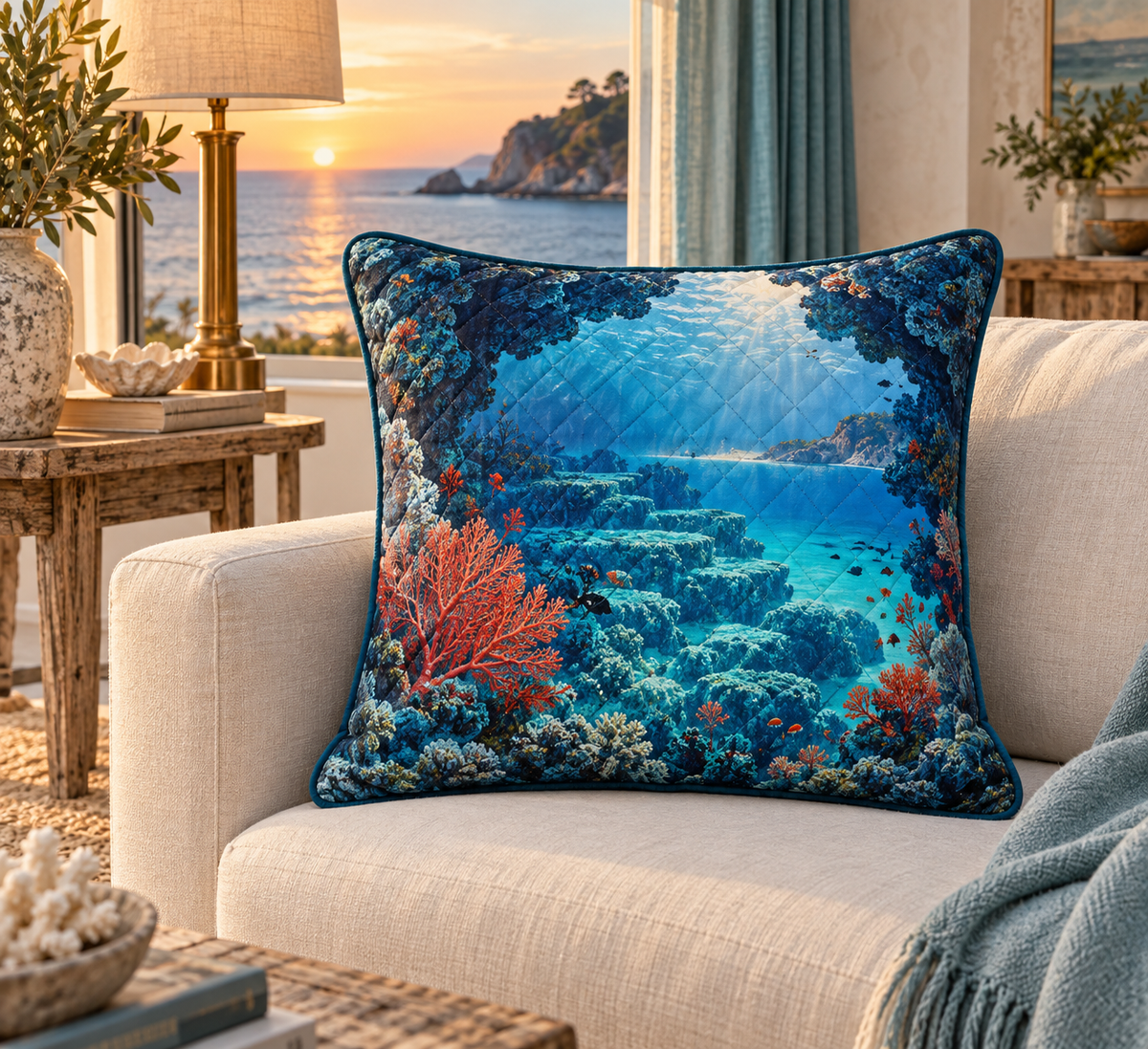 Coral Reef Lagoon Focal Point Quilted Cushion Cover with flat printed coastal coral-reef living room-statement art in a layered welcoming room