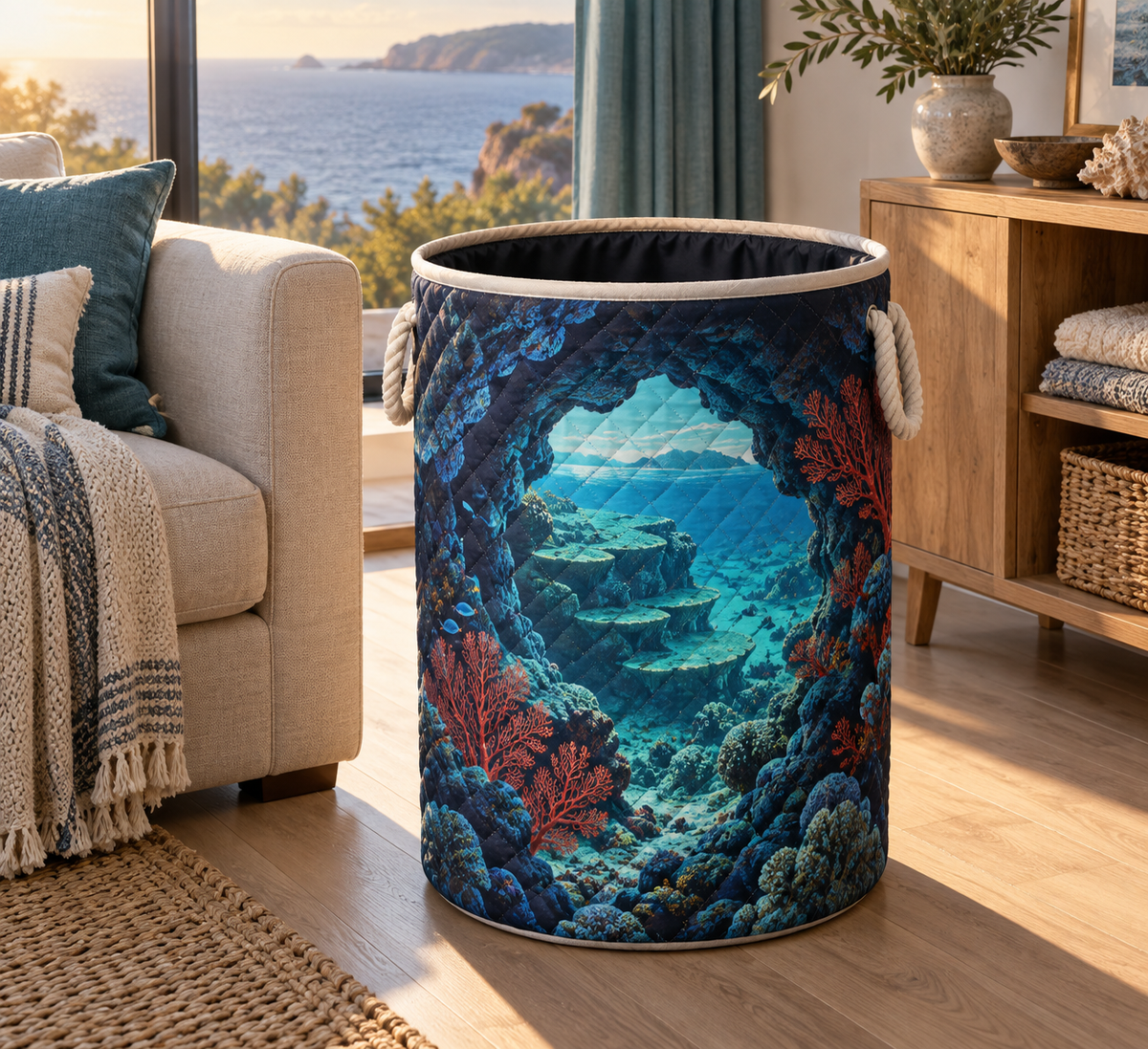 Coral Reef Lagoon Focal Point Laundry Hamper with flat printed coastal coral-reef living room-statement art in a layered welcoming room