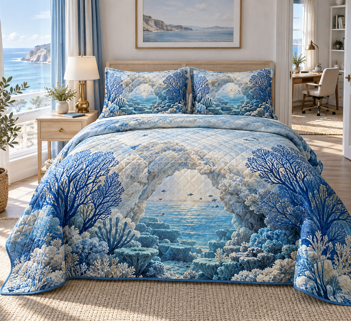 Coral Reef Office Horizon Quilted Bedding Set with flat printed coastal coral-reef home office-statement art in a layered welcoming room