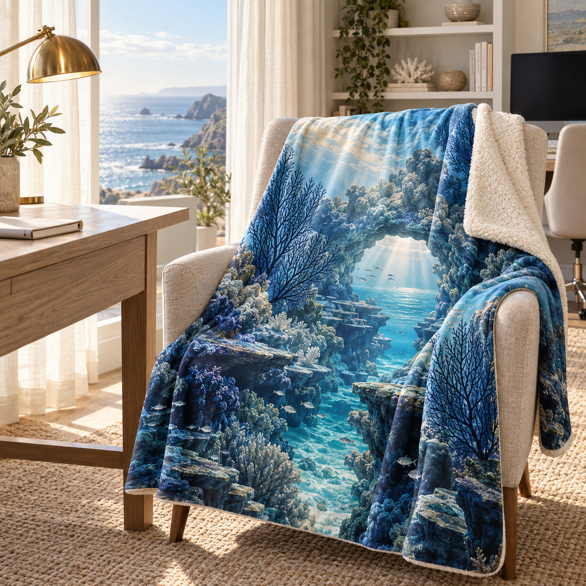 Coral Reef Office Horizon Sherpa & Fleece Blanket with flat printed coastal ocean colonnade and coral art in a layered coastal home office