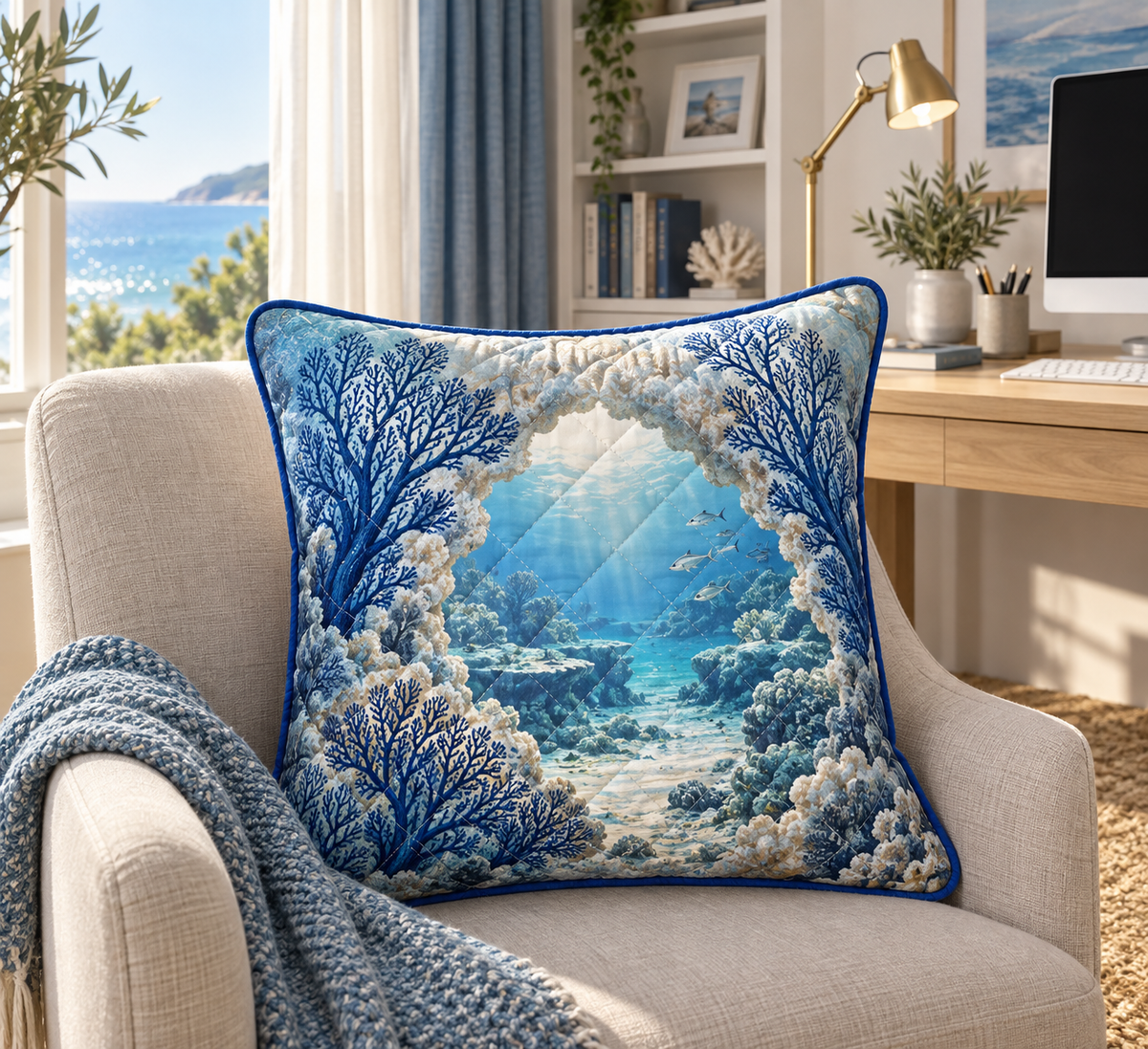 Coral Reef Office Horizon Quilted Cushion Cover with flat printed coastal coral-reef home office-statement art in a layered welcoming room