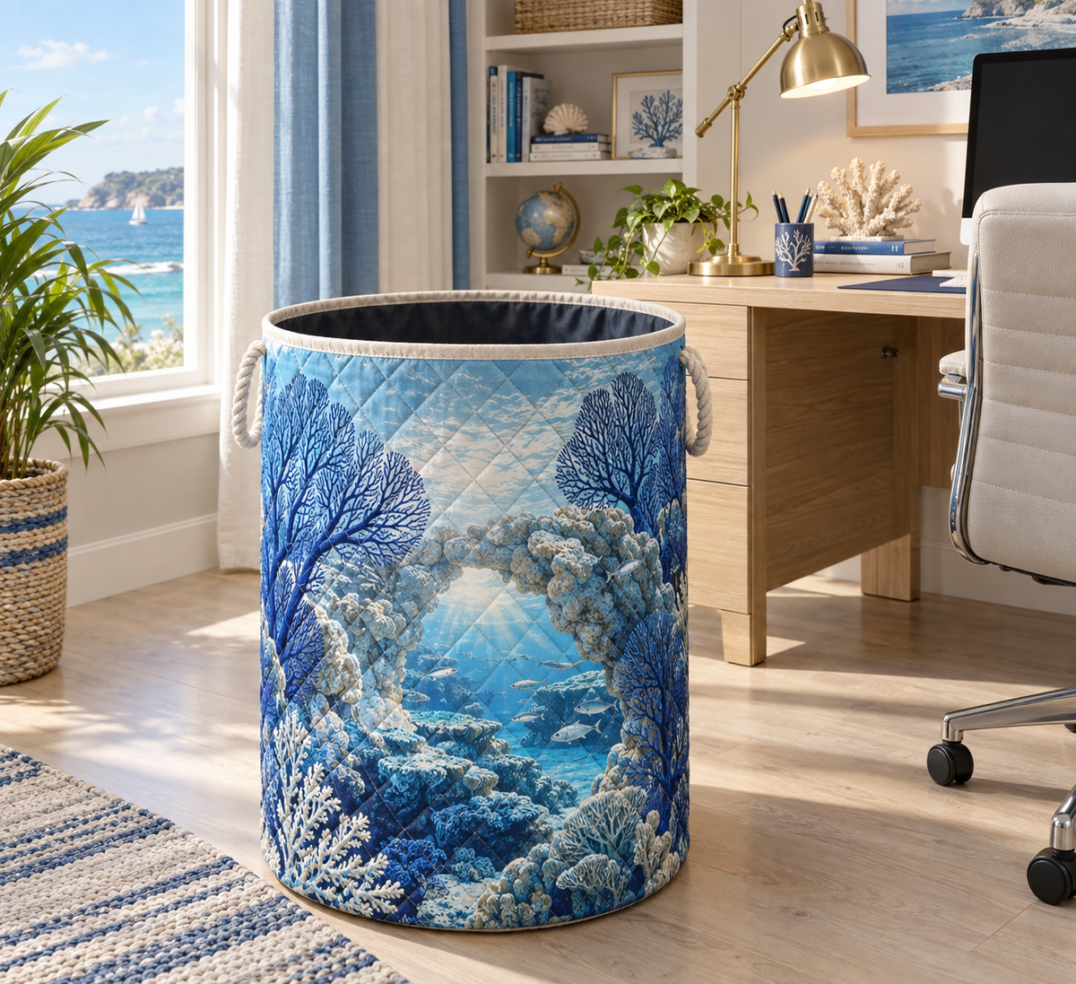 Coral Reef Office Horizon Laundry Hamper with flat printed coastal coral-reef home office-statement art in a layered welcoming room