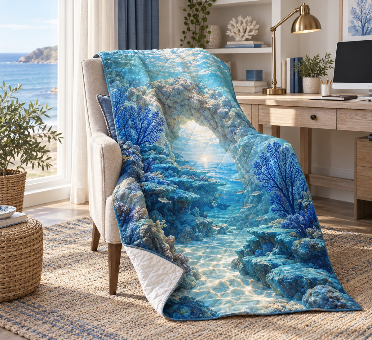 Coral Reef Office Horizon Quilt Blanket with flat printed coastal coral-reef home office-statement art in a layered welcoming room